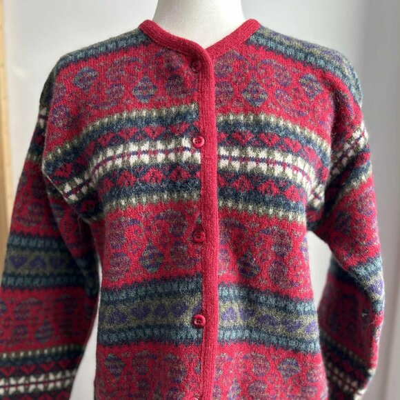 Vintage Simons Cerise & Multicolor Fair Isle Pure Shetland Wool Cardigan – US L - Picture 4 of 14